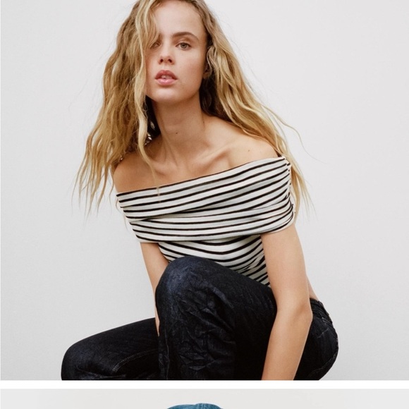 NWT Zara Stripe RUCHED OFF-THE-SHOULDER TOP. Size Medium - Picture 4 of 6